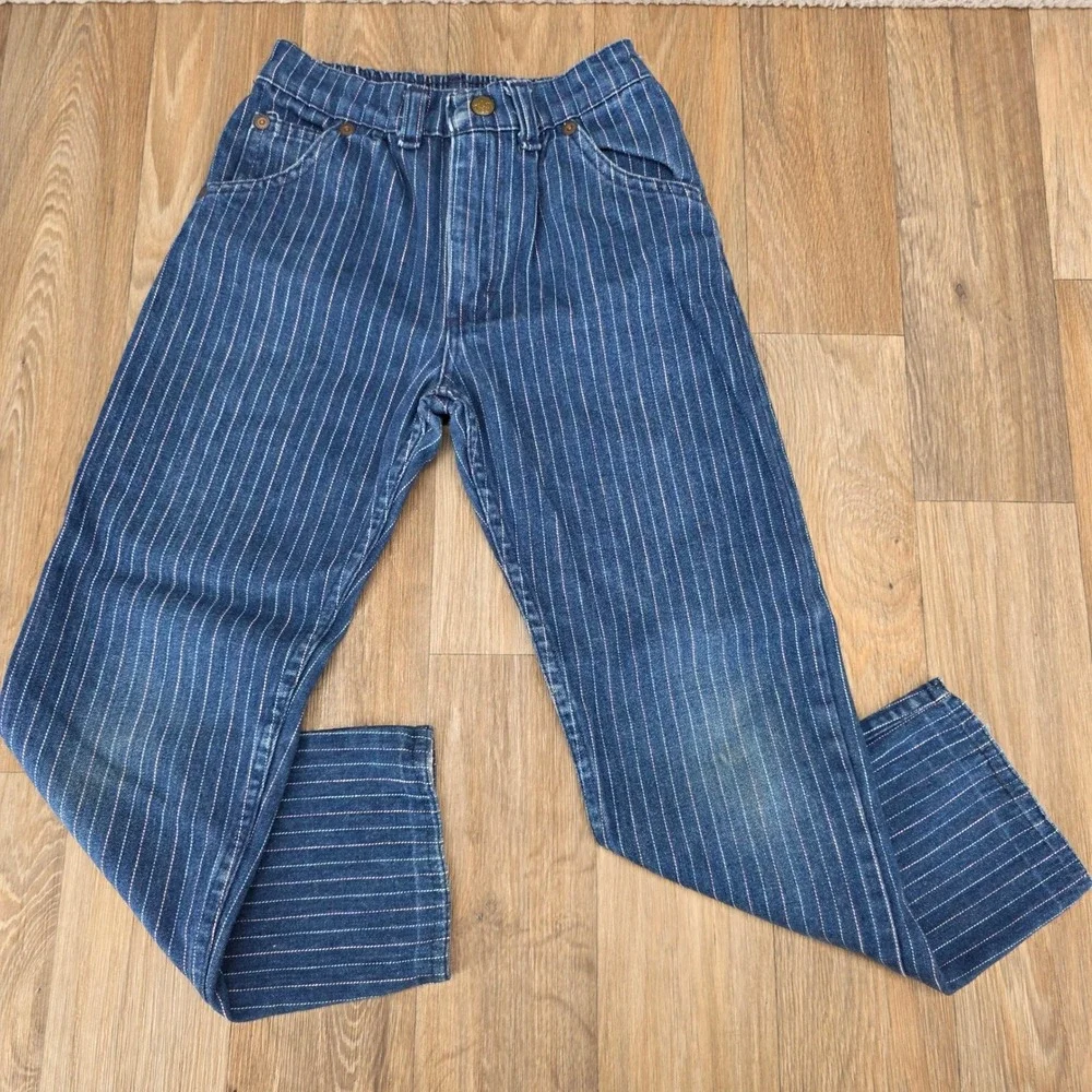 Vintage OshKosh B'Gosh Girls Pinstripe Jeans Blue Pink Made in USA Size 6